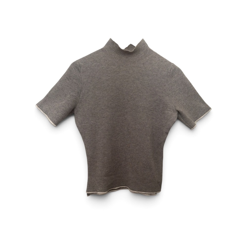 Zara Knit Womens Grey Mock Neck Short Sleeve Sweater Contrast Trim Large